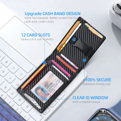 Customized Slim Carbon Fiber Genuine Leather Money Clip Wallet for Men RFID Blocking