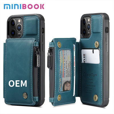 PU Leather Wallet Cover for iPhone 14 15 Pro Max Zipper and Card Slot Closure