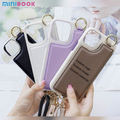 Minibook Custom Saffiano Phone Case Mirror Wrist Strap and Card Holder for iPhone 14