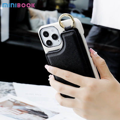 Minibook Custom Saffiano Phone Case Mirror Wrist Strap and Card Holder for iPhone 14