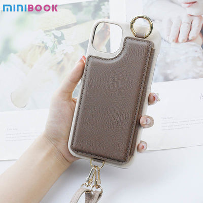Minibook Custom Saffiano Phone Case Mirror Wrist Strap and Card Holder for iPhone 14