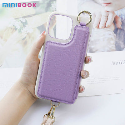 Minibook Custom Saffiano Phone Case Mirror Wrist Strap and Card Holder for iPhone 14