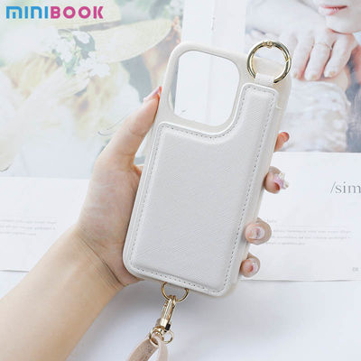 Minibook Custom Saffiano Phone Case Mirror Wrist Strap and Card Holder for iPhone 14