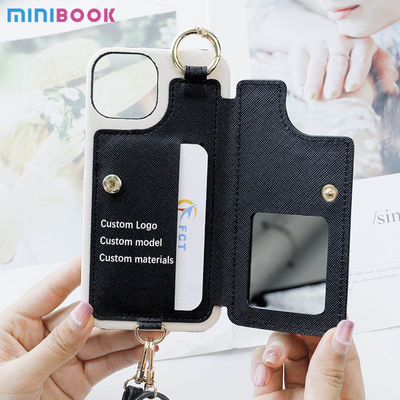 Everyday Minibook Saffiano Pu Leather Bag with crossbody card wrist strap mirror wristband lanyard phone Case For Iphone 14
