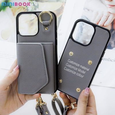 Minibook Embossed pu Leather Phone Case With strap Card lanyard For Iphone 14 pro max