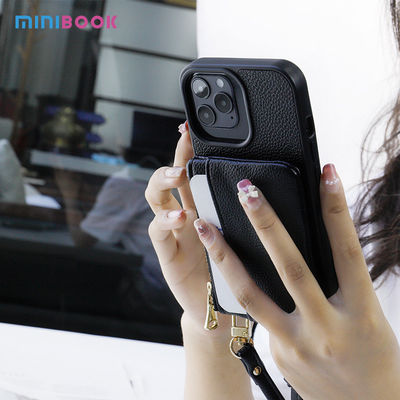 Minibook Embossed pu Leather Phone Case With strap Card lanyard For Iphone 14 pro max