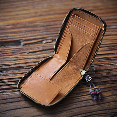 Men's Fashion Wallet Short and Zippered Handcrafted with Retro First-Layer Cowhide
