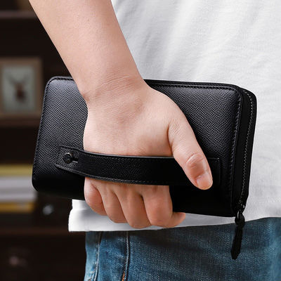 Large Capacity Men's Clutch Bag Soft Genuine Cow Leather Zipper Wallet for Daily Life