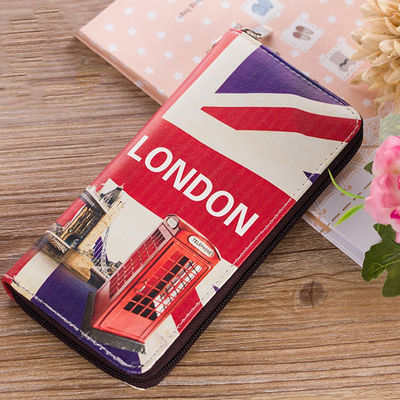 PU Retro Cartoon Coin Long Small Wallet with Customizable Patterns and Zipper Closure