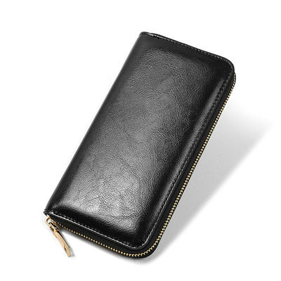 Double Zipper Design Men's Genuine Leather Long Wallet Luxury Purse with Nylon Lining