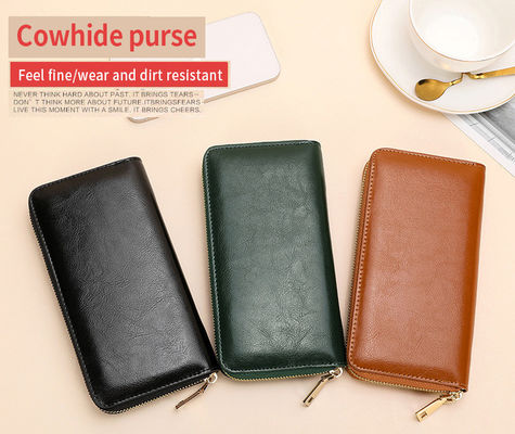 Double Zipper Design Men's Genuine Leather Long Wallet Luxury Purse with Nylon Lining