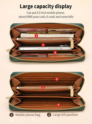 Double Zipper Design Men's Genuine Leather Long Wallet Luxury Purse with Nylon Lining