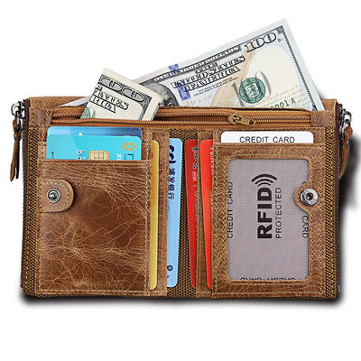Crazy Horse RFID Credit Card Holder Blocking Vintage Double Zipper Genuine Leather Men's Wallet