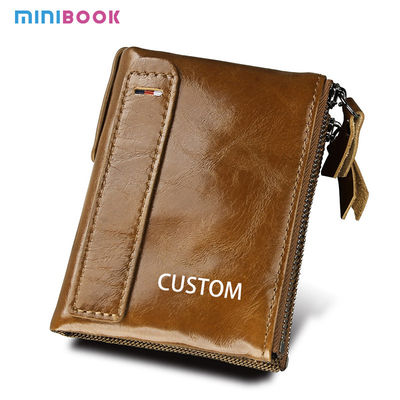 Crazy Horse RFID Credit Card Holder Blocking Vintage Double Zipper Genuine Leather Men's Wallet