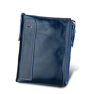 Crazy Horse RFID Credit Card Holder Blocking Vintage Double Zipper Genuine Leather Men's Wallet