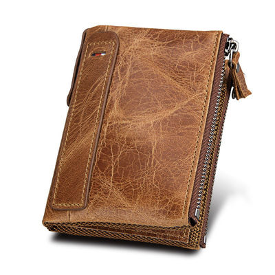 Crazy Horse RFID Credit Card Holder Blocking Vintage Double Zipper Genuine Leather Men's Wallet