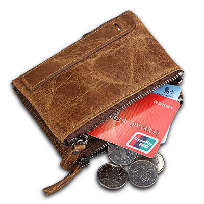 Crazy Horse RFID Credit Card Holder Blocking Vintage Double Zipper Genuine Leather Men's Wallet