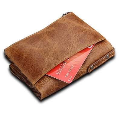 Crazy Horse RFID Credit Card Holder Blocking Vintage Double Zipper Genuine Leather Men's Wallet