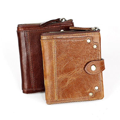 Crazy Horse Cowhide Leather Wallets Short Men's Purse with Zipper and Stylish Design