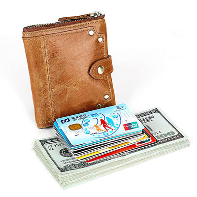 Crazy Horse Cowhide Leather Wallets Short Men's Purse with Zipper and Stylish Design