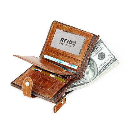 Crazy Horse Cowhide Leather Wallets Short Men's Purse with Zipper and Stylish Design