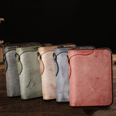 Japanese Style Hanging Ring Men's Short Wallet with Zipper and Vegetable Tanned Leather
