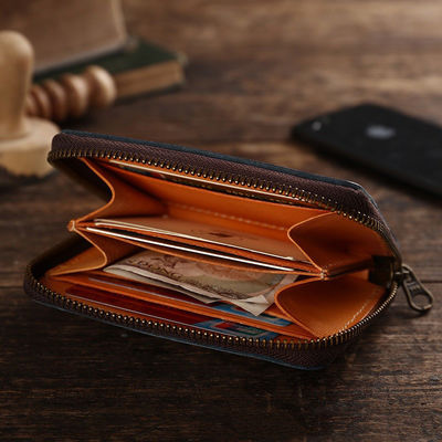 Japanese Style Hanging Ring Men's Short Wallet with Zipper and Vegetable Tanned Leather