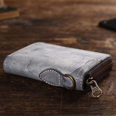 Japanese Style Hanging Ring Men's Short Wallet with Zipper and Vegetable Tanned Leather