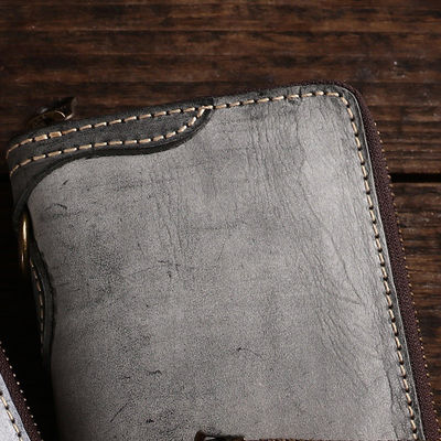 Japanese Style Hanging Ring Men's Short Wallet with Zipper and Vegetable Tanned Leather
