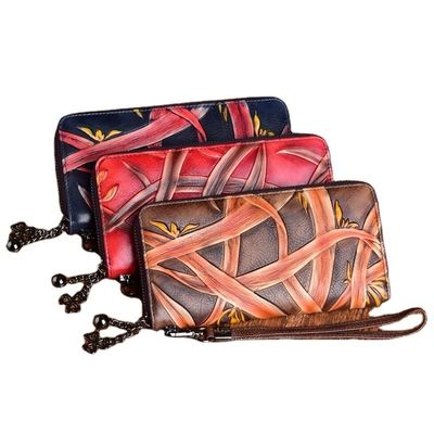 Vintage Rub Color Zipper Bag Vegetable Tanned Leather Women's Hand Wallet OEM/ODM