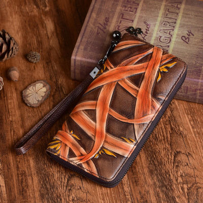Vintage Rub Color Zipper Bag Vegetable Tanned Leather Women's Hand Wallet OEM/ODM