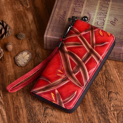 Vintage Rub Color Zipper Bag Vegetable Tanned Leather Women's Hand Wallet OEM/ODM