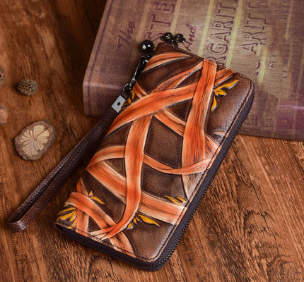 Vintage Rub Color Zipper Bag Vegetable Tanned Leather Women's Hand Wallet OEM/ODM