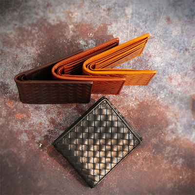 Woven Cowhide Leather Retro Handmade Short Wallet with Open Closure Package Weight 0.1kg