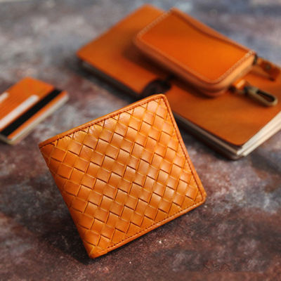 Woven Cowhide Leather Retro Handmade Short Wallet with Open Closure Package Weight 0.1kg