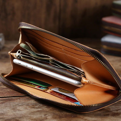Handmade Genuine Leather First Layer Vegetable Tanned Long Wallet Custom Logo for Men
