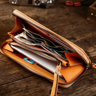 Vegetable Tanned Cowhide Long Wallet Handmade Cai Cloth Retro Business Handbag for Men