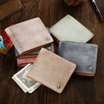 Simple Short Wallet in Vegetable Tanned Leather with Silver Nails and Matt Wax Finish