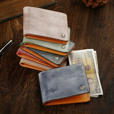 Simple Short Wallet in Vegetable Tanned Leather with Silver Nails and Matt Wax Finish