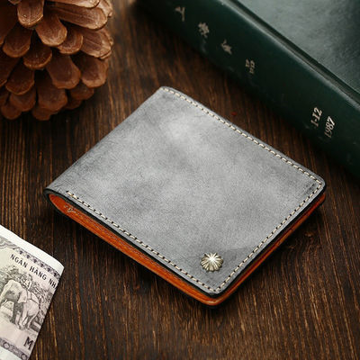 Simple Short Wallet in Vegetable Tanned Leather with Silver Nails and Matt Wax Finish