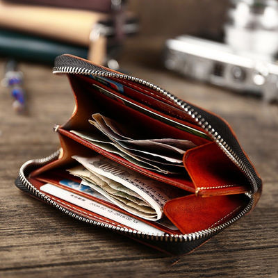 Retro Style Short Zipper Wallet Money Cloth Made of Vegetable Tanned Cowhide Leather
