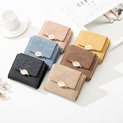 Custom Logo PU Leaf Buckle Zipper Folding Student Coin Purse for Simple and Practical