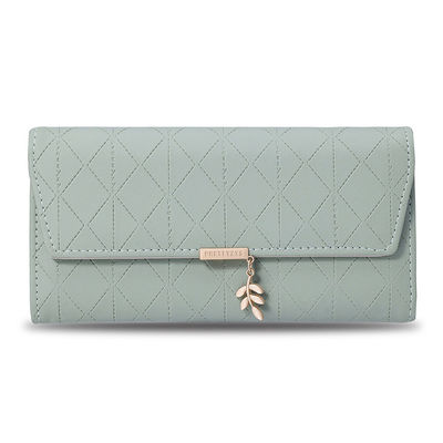 Long Plaid Leaf Pendant Large Capacity Women's Tri-Fold PU Wallet with Custom Logo