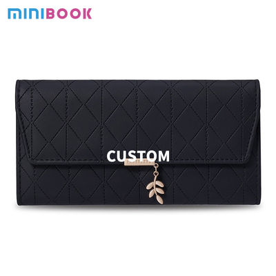 Long Plaid Leaf Pendant Large Capacity Women's Tri-Fold PU Wallet with Custom Logo