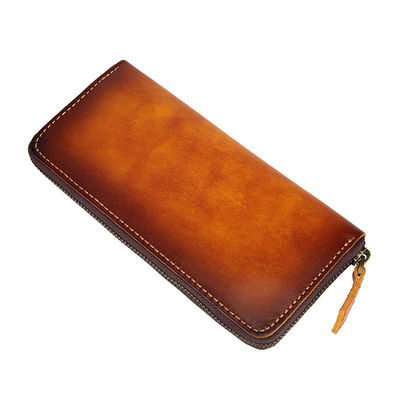 Handmade Vintage Rub Color Gradient Japanese Long Zipper Genuine Leather Wallet for Men