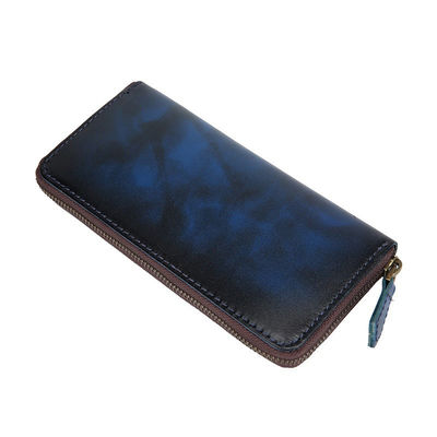 Handmade Vintage Rub Color Gradient Japanese Long Zipper Genuine Leather Wallet for Men