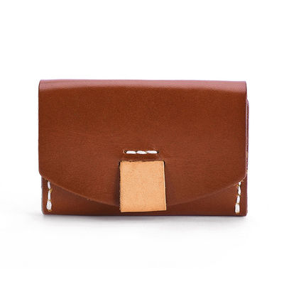 Vegetable Tanned Leather Short ID Card Holder for Cowhide Change Coin and Open Closure