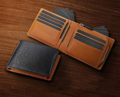 Business Real Leather Multi Card Small Folding Card Holder Bifold Wallet With Zipper