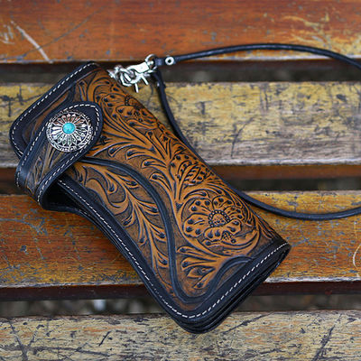 Custom Logo Embossed Biker Wallet Chain for Men's Biker Style in Genuine Leather