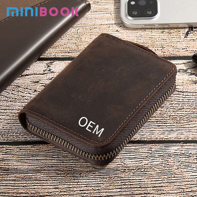 Custom Logo Men's Crazy Horse Leather Credit Card Holders Zipper Wallet for Bank Cards